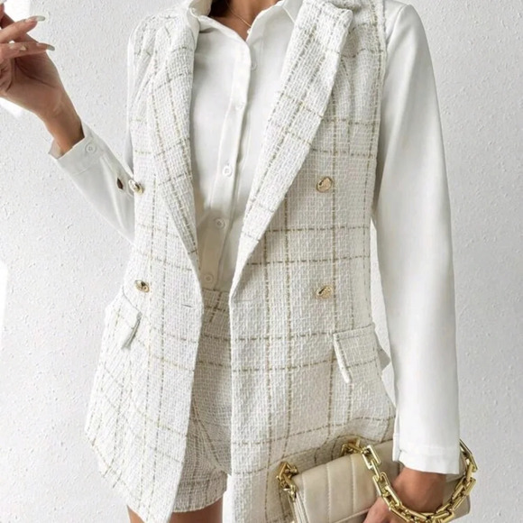 Women Casual Office Wear Lapel Collar Tweed Double Breasted Vest & Shorts Set